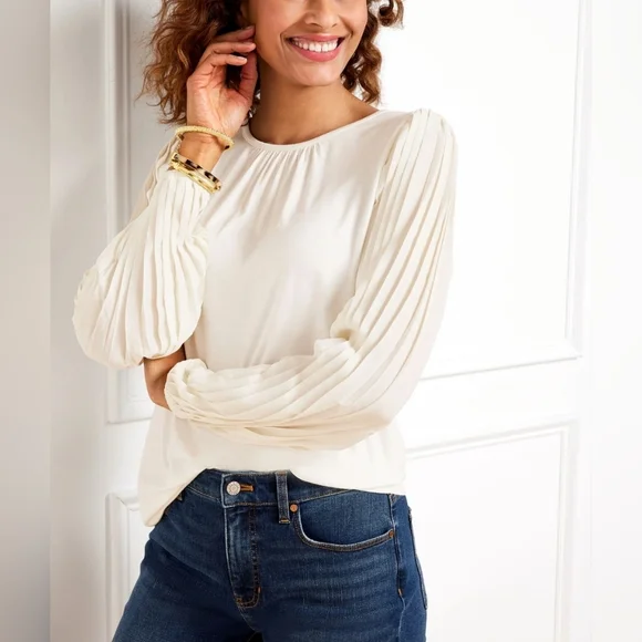 NWT Talbots Elegant Cream Pleated Sleeve Top Sz PXL - Picture 1 of 16